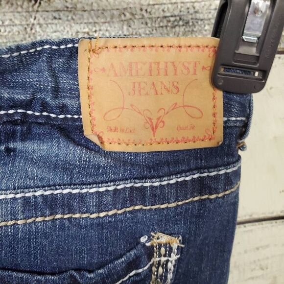 Amethyst Distressed Denim Skirt Juniors Size 3 Blue Jean Mini Embroidered Pocket - Picture 3 of 6